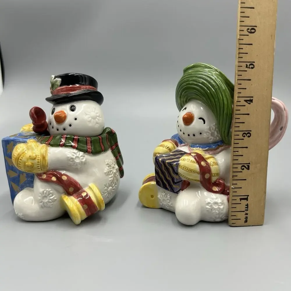 VTG Fitz & Floyd Frosty Folks Creamer Sugar‎ Spoon Set 90s Christmas Snowman